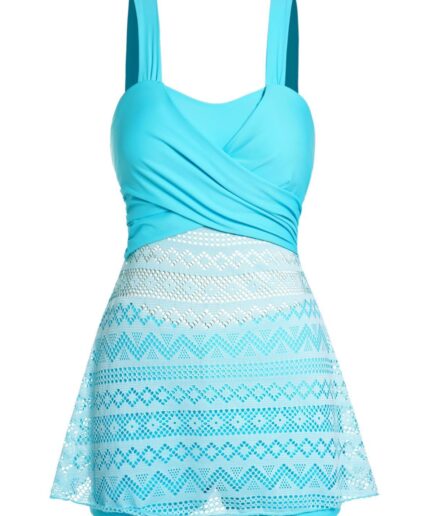 Dresslily Women Crossover Hollow Out Tankini Swimsuit Padded Tankini Two Piece Swimwear Boyleg Bathing Suit Swimsuit M Light green