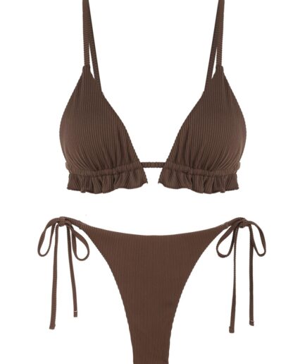 ZAFUL Ribbed Ruffle Tie Side String Bikini Swimwear L Deep coffee