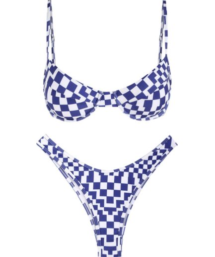 ZAFUL Ribbed Plaid High Cut Underwire Balconette Bikini Swimwear M Blue