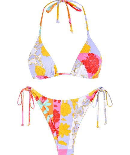 ZAFUL Floral Print Ribbed Halter String Bikini Swimwear L Multi a