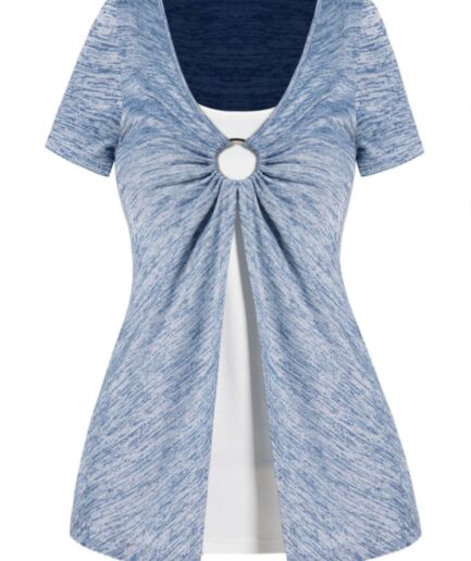 Women Space Dye Faux Twinset T Shirt O Ring Overlay Short Sleeve Colorblock Twofer Tee Clothing L Light blue