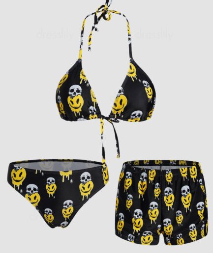 Dresslily Women Colored Skull Print Bikini Swimsuit Halter Swimwear Tied Backless High Cut Padded Three Piece Bathing Suit Swimsuit L Multicolor a