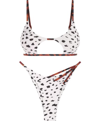 ZAFUL Animal Print Cut Out Strappy Bikini Swimwear M White