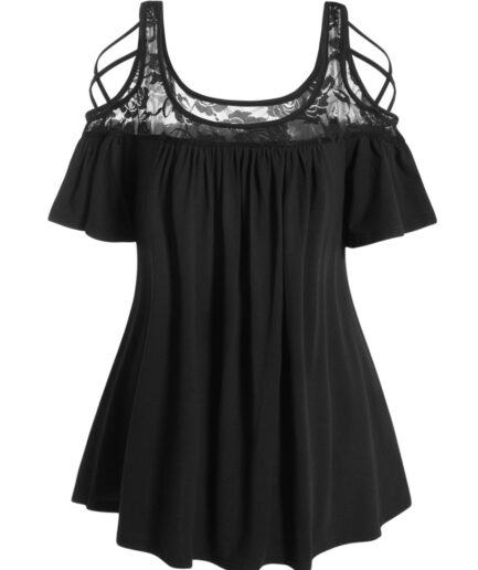 Dresslily Fashion Women Plus Size T Shirt See Thru Rose Lace Panel Cold Shoulder Short Sleeve Tee Clothing L Black