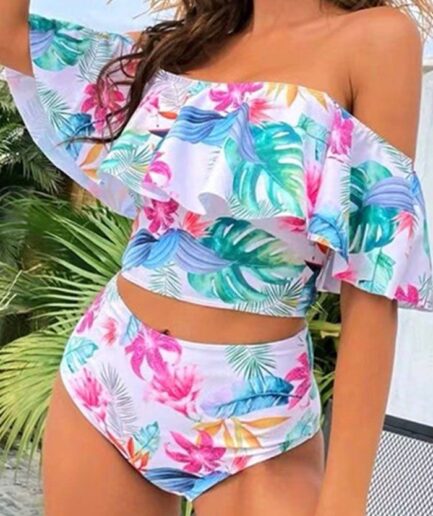 Dresslily Women Off The Shoulder Vacation Tankini Swimsuit Tropical Flower Leaf Print Flounce Tankini Swimwear Padded High Waist Bathing Suit Swimsuit
