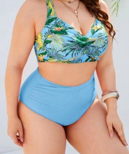 Dresslily Women Plus Size Vacation Bikini Swimsuit Tropical Leaf Flower Print Crossover Bikini Two Piece Swimwear Ruched High Waist Bathing Costume Sw