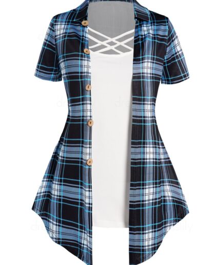 Women Casual Faux Twinset T Shirt Crisscross Plaid Print Mock Button Turn Down Collar Summer Tee Clothing S Light blue