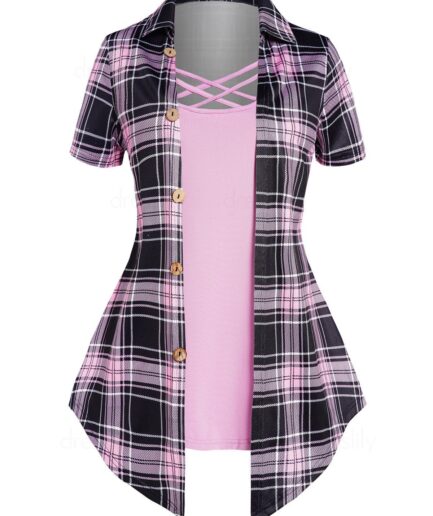 Women Casual Faux Twinset T Shirt Crisscross Plaid Print Mock Button Turn Down Collar Summer Tee Clothing S Light purple