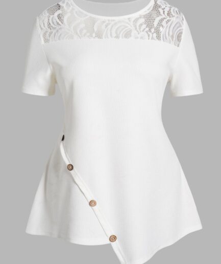 Dresslily Fashion Women Plus Size Sheer Lace Panel Textured Asymmetric T-shirt Short Sleeve Mock Button Solid Color Tee Clothing L White