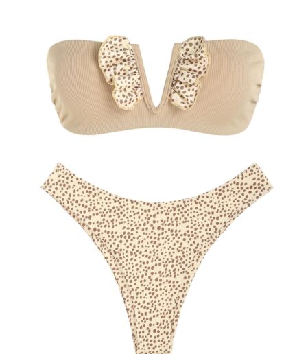 ZAFUL Ribbed V-wire Frilled Animal Spotted Bikini Swimwear L Light coffee