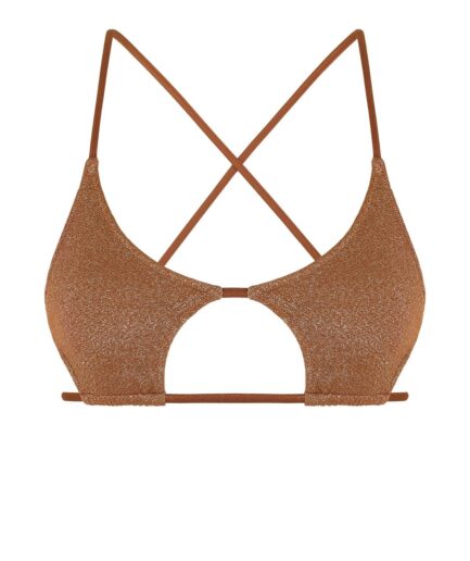 ZAFUL Sparkly Metallic Criss Cross Star Shaped Bikini Top L Coffee