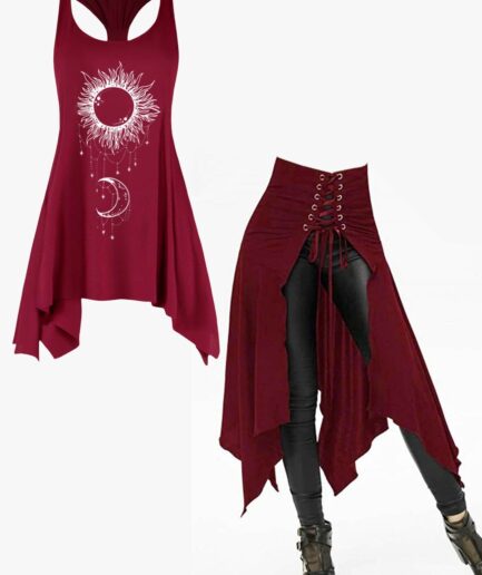 Dresslily Celestial Sun Moon Print Long Asymmetric Tank Top And Solid Color Open Front Lace Up Irregular Hem Skirt Outfit S Red