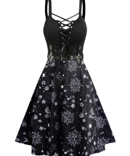 Dresslily Women Sun Moon Star Print Dress Lace Up Grommet Buckle Strap Crisscross High Waisted A Line Mini Dress Clothing M Multicolor