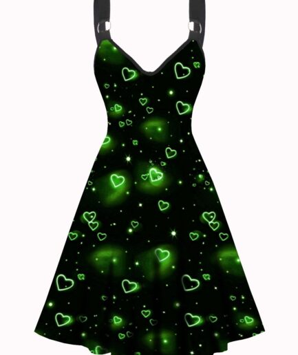 Dresslily Women Heart Print Dress Vacation Dress V Neck High Waisted A Line Mini Dress Clothing L Black