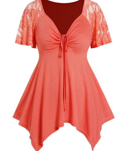 Dresslily Fashion Women Plus Size T-shirt Sheer Lace Panel Short Sleeve Tee Asymmetric Cinched Ruched T Shirt Clothing L Orange