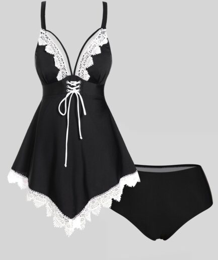 Dresslily Women Modest Tankini Swimsuit Lace Panel Swimwear Hollow Out Lace Up Scalloped Padded Bathing Suit Swimsuit M Black