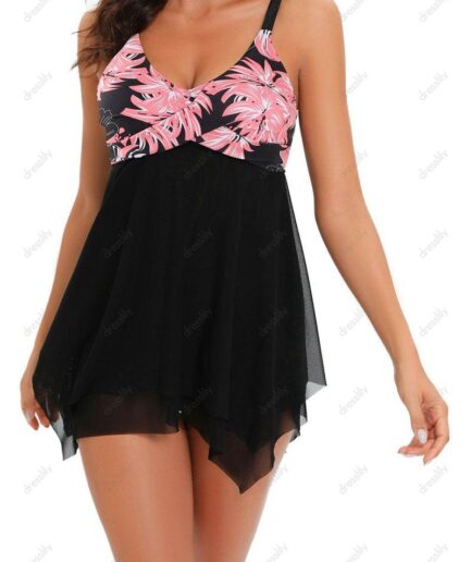 Dresslily Women Vacation Tankini Swimsuit Twisted Flower Print Swimwear Mesh Padded Summer Bathing Suit Swimsuit L Multicolor