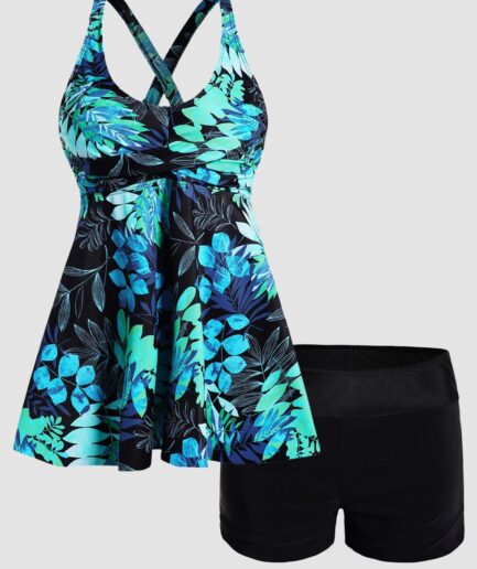Dresslily Women Tropical Tankini Swimsuit Twisted Flower Leaf Print Swimwear Crisscross Boyshorts Modest Bathing Suit Swimsuit L Multicolor a