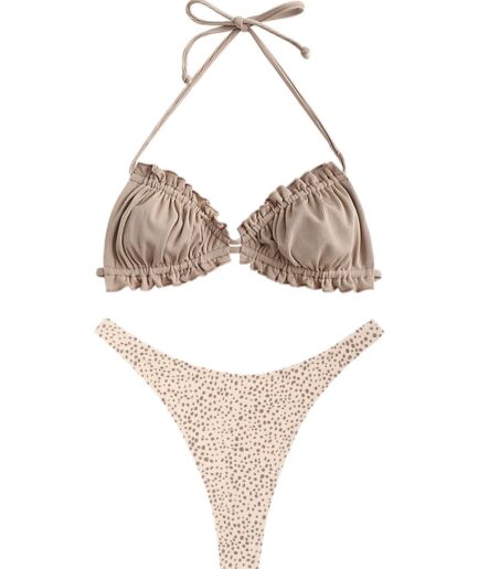 Halter Ruffle Animal Print Thong Bikini Swimwear Light coffee