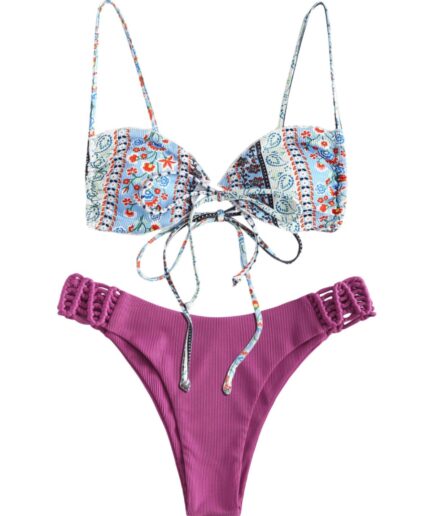 Ethnic Paisley Print Tied Front Ribbed Braided Bikini Swimwear Multi a