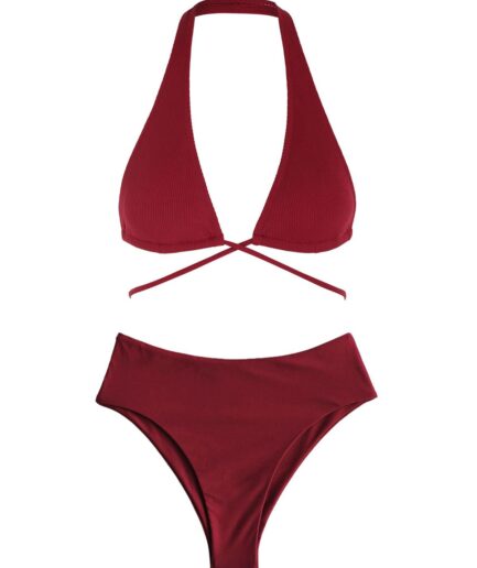 Halter Ribbed High Waisted Floss Bikini Swimwear Deep red