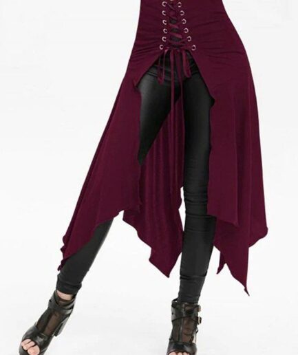 Women Gothic Skirt Lace Up Open Front Skirt Plain Color Midi Irregular Handkerchief Skirt Clothing S Red