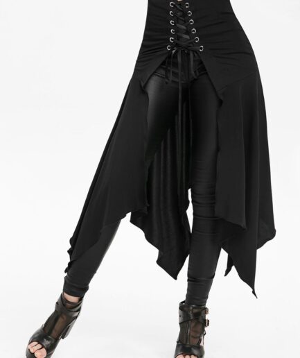 Women Gothic Skirt Lace Up Open Front Skirt Plain Color Midi Irregular Handkerchief Skirt Clothing L Black