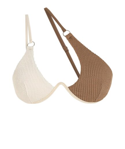 Crinkle Colorblock One Shoulder Bikini Top M Light coffee
