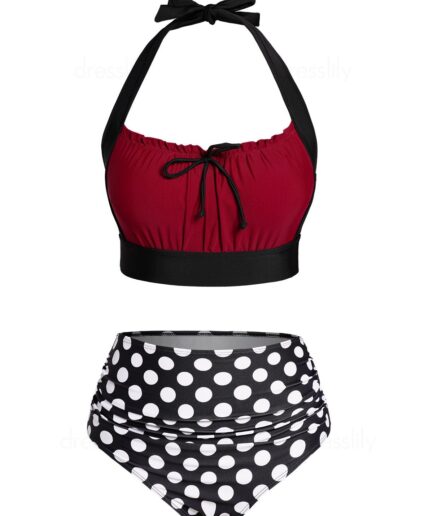 Dresslily Women Vacation Bikini Swimsuit Colorblock Polka Dots Ruffle Bowknot Halter Swimsuit Padded Tummy Control Bathing Suit Swimsuit L Black