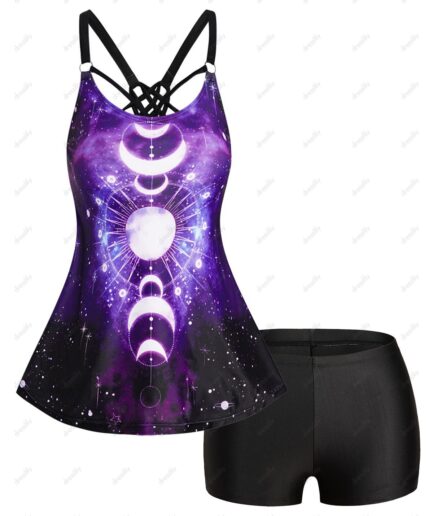 Dresslily Women Modest Tankini Swimsuit Moon Phase Print Swimwear Lattice Strap Padded Boyshorts Vacation Bathing Suit Swimsuit L Black