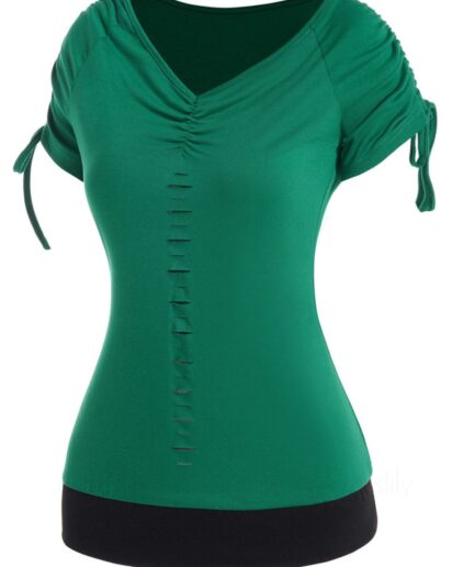 Women Colorblock Panel Ripped T-shirt Cinched Short Sleeve V Neck Casual Tee Clothing M Deep green