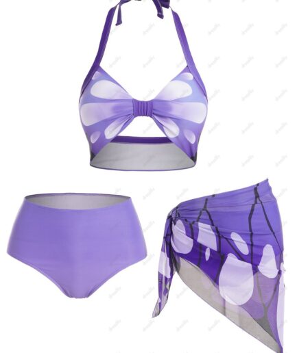 Dresslily Women Butterfly Print Halter Bikini Swimsuit Padded Bikini Three Piece Swimwear High Waist Swim Skirt Bathing Suit Swimsuit M Purple