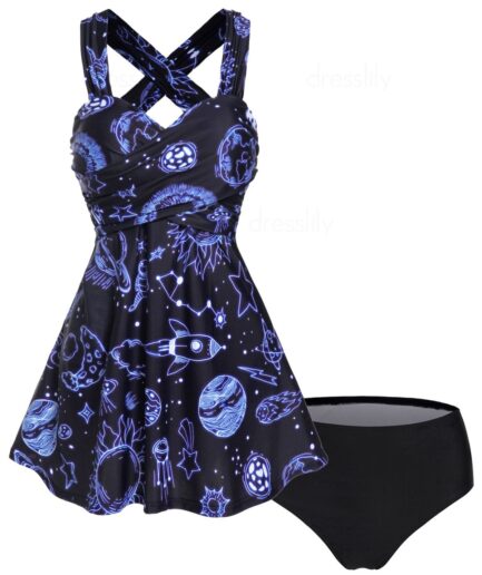 Dresslily Women Tummy Control Tankini Swimwear Crisscross Planet Astronaut Sun Star Print Underwire Swimsuit Two Piece Bathing Suit Swimsuit L Black
