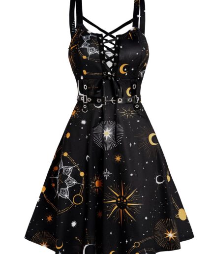 Dresslily Women Sun Moon Star Print Dress Lace Up Grommet Buckle Strap Crisscross High Waisted A Line Mini Dress Clothing L Black