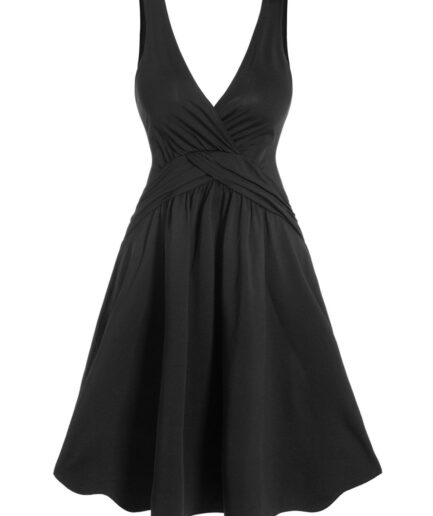 Dresslily Women Solid Color Dress Surplice Crossover High Waisted Strap A Line Mini Dress Clothing L Black