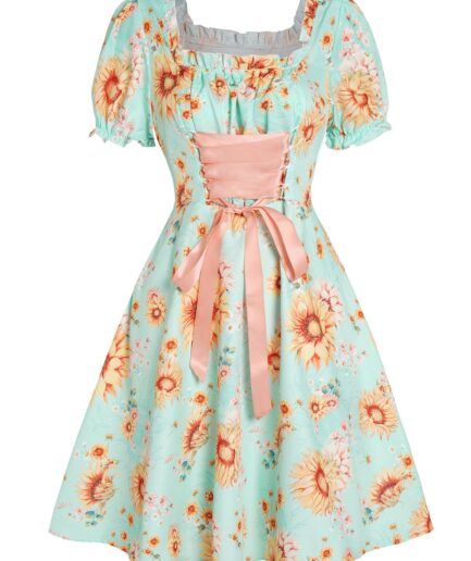 Dresslily Women Sunflower Floral Print Vacation Mini Dress Lace Up Ruffles Short Sleeve Square Neck Vintage Dress Clothing L Light green