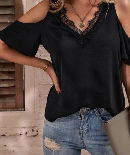 Women Cold Shoulder Lace Insert T-shirt V Neck Solid Color Short Sleeve Casual Tee Clothing L Black