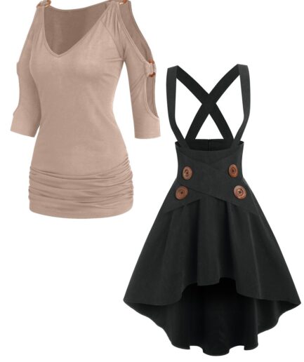 Dresslily Cold Shoulder O Ring Ruched Long V Neck T Shirt And Mock Button High-low Suspender Skirt Casual Outfit S Multicolor