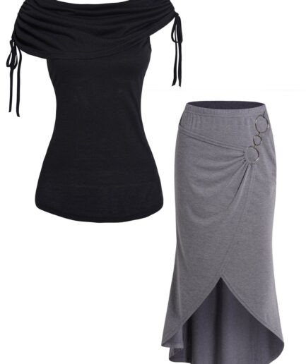Dresslily Plain Color Foldover Cinched Shoulder Scoop Neck Top And O-ring Overlay Asymmetric Elastic Waist Skirt Outfit S Multicolor
