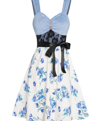 Dresslily Women Colorblock Flower Print Dress Lace Panel Empire Waist Belted Mock Button A Line Mini Dress Clothing L Light blue