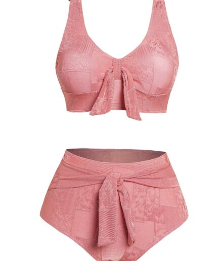 Dresslily Women Vacation Bikini Swimsuit Plain Color Geometric Pattern Bowknot Swimwear Padded Tummy Control Bathing Suit Swimsuit M Light pink
