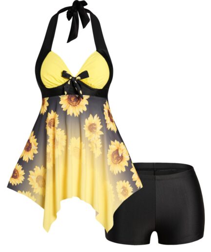 Dresslily Women Plus Size Tankini Swimsuit Sunflower Print Halter Vacation Modest Swimsuit Padded Boyleg Bathing Suit Swimsuit Beachwear L Yellow