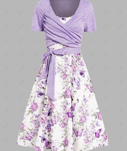 Women Butterfly Floral Print A Line Vacation Sundress and Bowknot Surplice T Shirt Two Piece Summer Set S Light purple