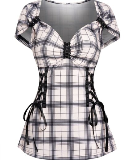 Women Plaid Rivet Embellished Sweetheart Neck Lace Up Corset Style T Shirt Clothing S Light coffee