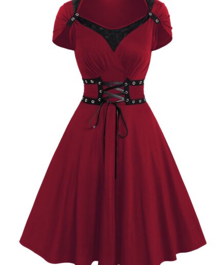 Dresslily Women Gothic Dress Solid Color Grommet Lace Up Lace Panel High Waisted Dress Surplice A Line Mini Dress Clothing M Deep red