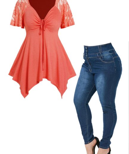 Dresslily Plus Size Lace Panel Asymmetric Cinched Ruched T Shirt And Zipper Fly Pockets Button Long Jeans Casual Outfit L Multicolor