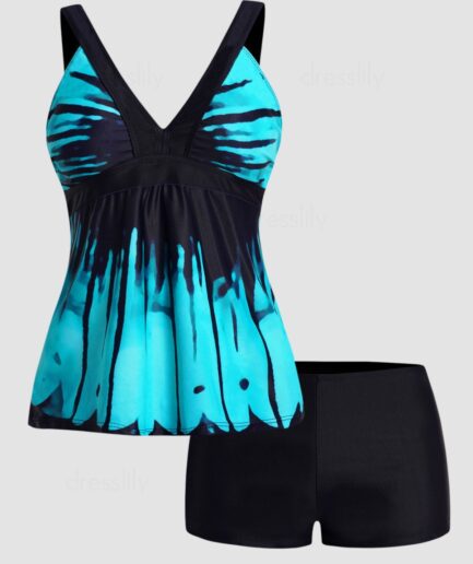 Dresslily Women Tie Dye Print Plunge Tankini Swimsuit Padded Tankini Two Piece Swimwear Boyleg Bathing Suit Swimsuit M Blue