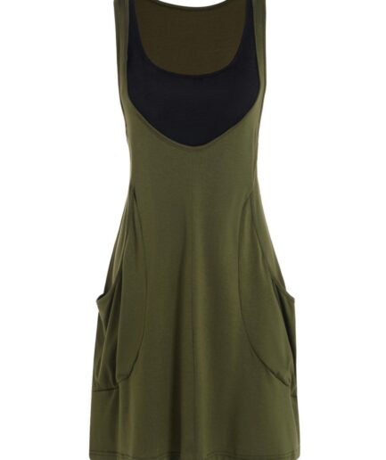 Dresslily Women Dresses Large Pockets Low Cut Casual Mini Dress And Solid Color Tank Top Two Piece Set Clothing Online L Green