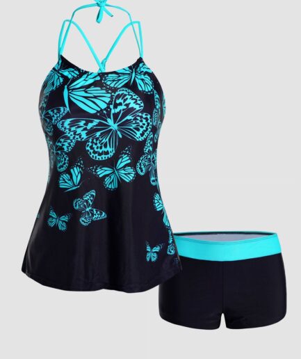 Dresslily Women Contrasting Butterfly Print Tankini Swimsuit Adjustable Straps Crossover Padded Halter Tankini Two Piece Swimwear Boyleg Bathing Suit