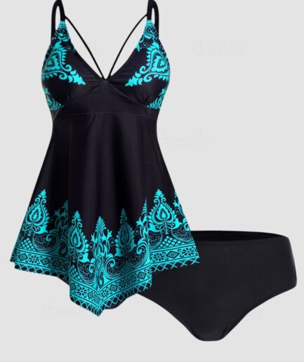 Dresslily Women Tribal Flower Print Tankini Swimsuit Plunging Neck Padded Tankini Two Piece Swimwear Adjustable Straps Bathing Suit Swimsuit White
